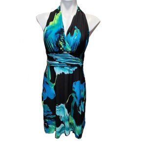 Evan Picone dress Women's sz 6 Halter black blue green floral V-neck Sleeveless